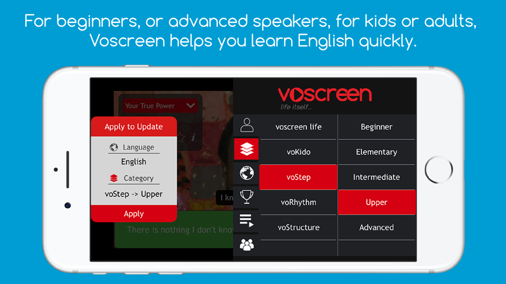 Voscreen - Learn English - Screenshot of Voscreen app showing English proficiency levels from beginner to advanced.