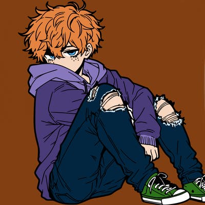 a male hoddie ripped jeans messy hair anime