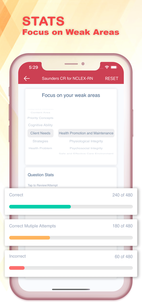 App screen showing study statistics and progress bars for nursing exam preparation