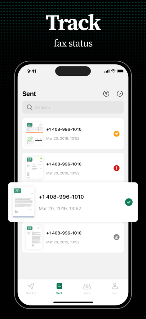 Tiny Fax: Send Fax From iPhone - Tiny Fax app screen showing the history and status of sent faxes on iPhone