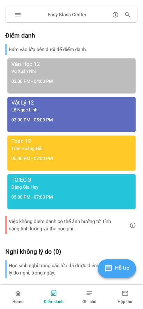 Easy Klass - Easy Klass mobile app interface showing a list of educational classes for attendance management