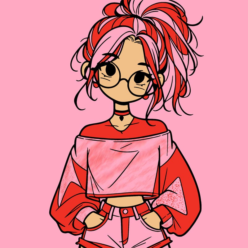 girl with a messy ponytail glasses a baggy crop top and jean shorts