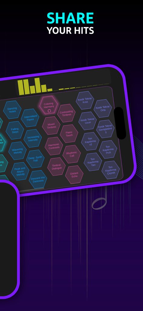 LoopForge - Interfaz de la aplicación de producción musical LoopForge con opciones de bucles de sonido hexagonales y texto para compartir tus éxitos