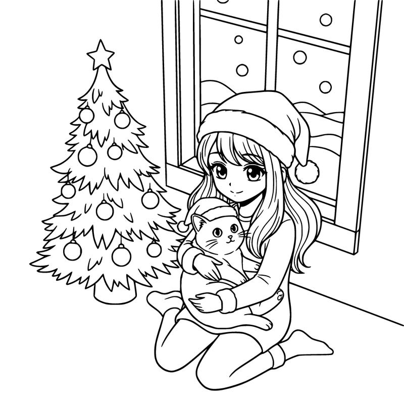 a girl wearing a santa claus hat is holding a cat in her arms, who is also wearing a santa claus hat. they are sitting near a christmas tree. there is a window next to the tree.
