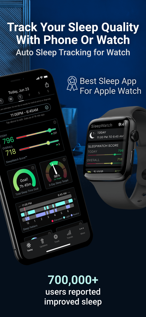 SleepWatch - Top Sleep Tracker - Die Benutzeroberfläche der SleepWatch-App auf iPhone und Apple Watch zeigt Schlafqualitäts-Scores und Tracking-Daten.