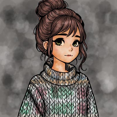 realistic girl with sweater and a bun