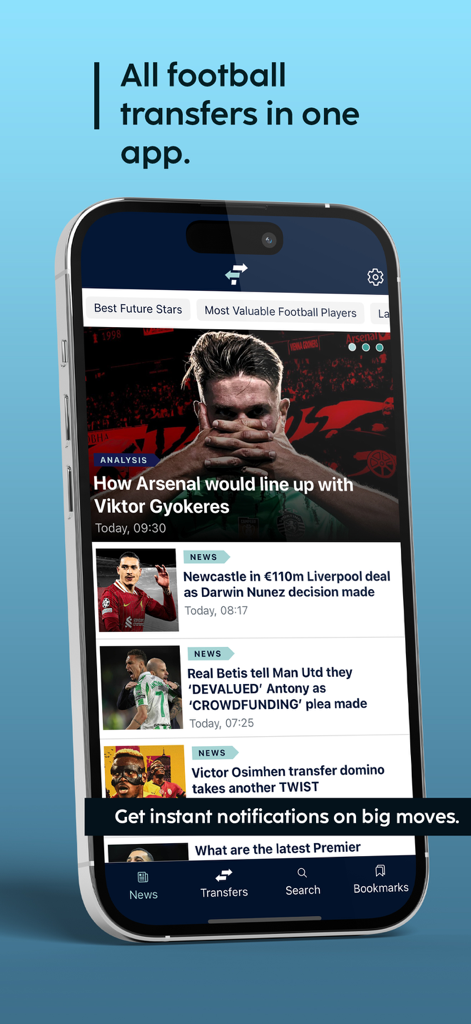 FootballTransfers - Mobile screen of the FootballTransfers app showing soccer transfer news and analysis