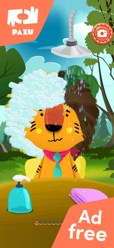 Cartoon lion being washed with soap bubbles and a shower head in a pet salon game