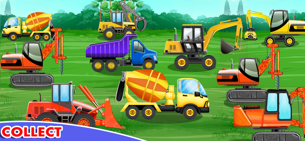 A variety of colorful construction vehicles and trucks in a green field