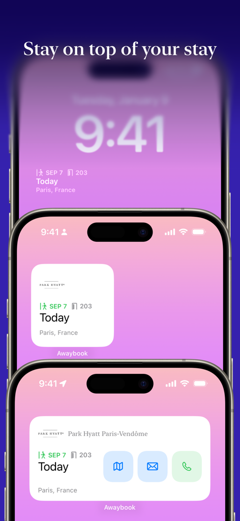 Awaybook: Hotel Tracker - Awaybook app lock screen and home screen widgets showing hotel stay information on an iPhone