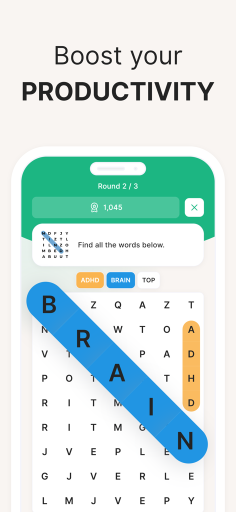 A mobile app screen for Propel showing a word search game with the word BRAIN highlighted and a title that says Boost your PRODUCTIVITY
