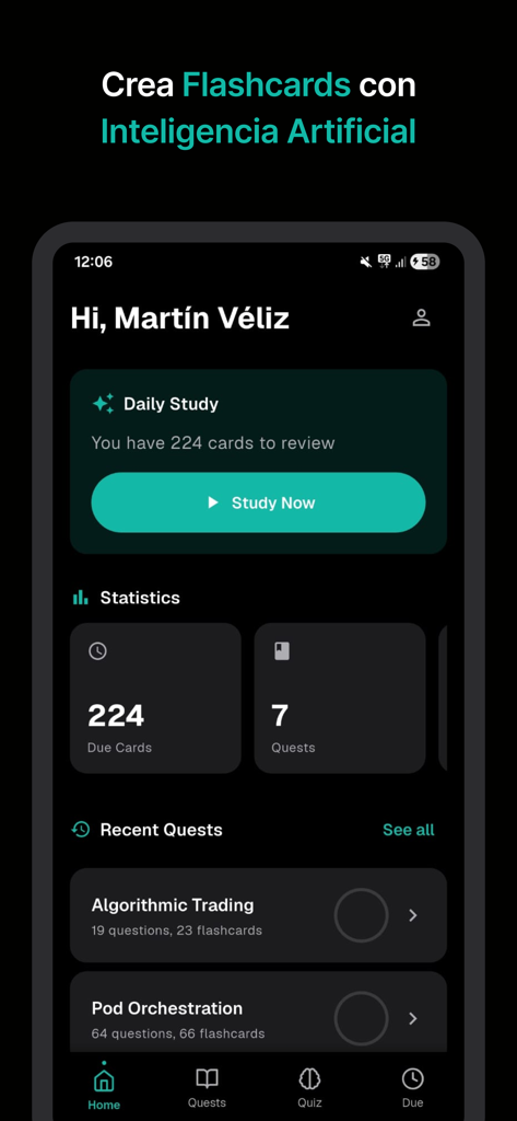 Sumerly - Mobile dashboard of Sumerly app showing daily study statistics and AI-generated flashcard review cards