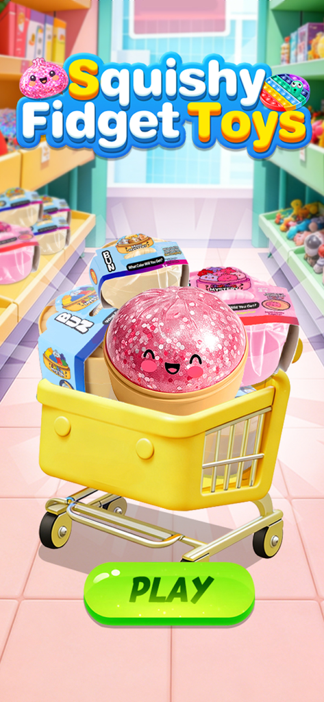 Squishy Fidget Toys - Unbox It - Squishy Fidget Toys game start screen with mystery squishy packages in a shopping cart