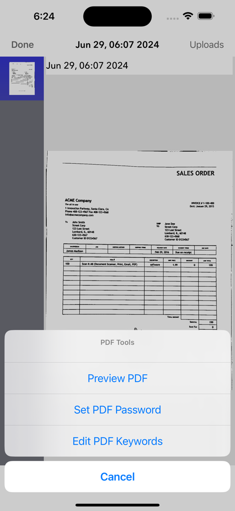 Scan It All Pro - Menú de la aplicación Scan It All Pro mostrando opciones para establecer una contraseña de PDF y editar palabras clave para un pedido de ventas escaneado