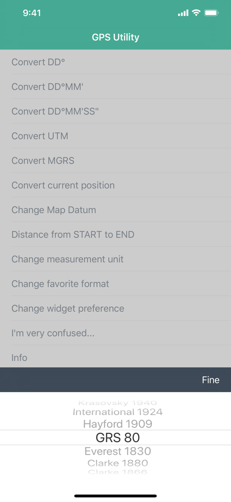 Pantalla de menú de la aplicación GPS Utility mostrando opciones de conversión de coordenadas y selector de datum de mapa