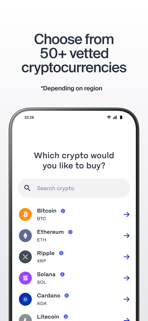 Luno App-Oberfläche, die eine Liste von über 50 geprüften Kryptowährungen anzeigt, einschließlich Bitcoin und Ethereum