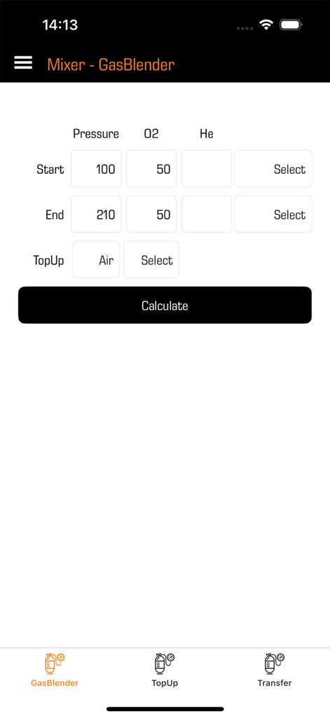 Scuba Gas Calculator - Interface for mixing scuba gas showing pressure oxygen and helium calculation fields