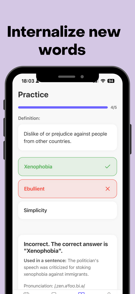 Vocab Builder: Learn new words - Screenshot of a vocabulary practice quiz in the Vocab Builder app showing an incorrect answer feedback for the word xenophobia.