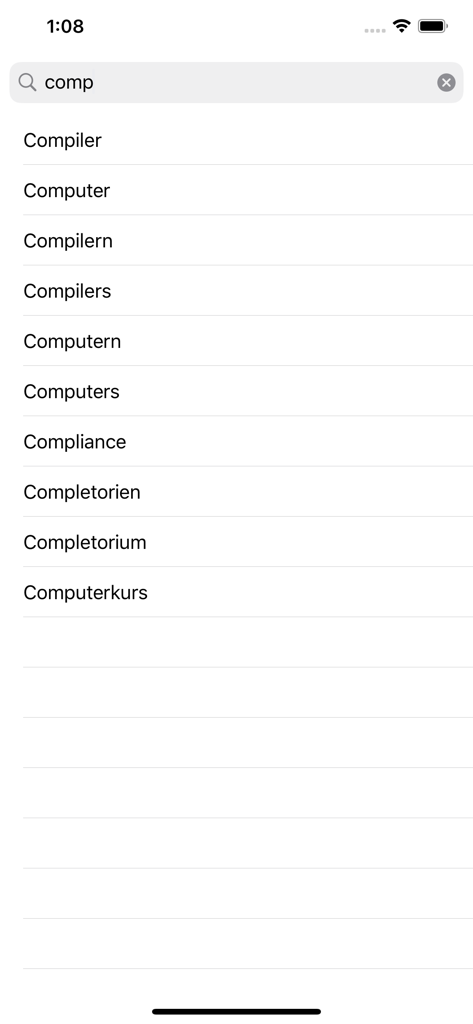 Reimmaschine - Uma tela de pesquisa no aplicativo Reimmaschine mostrando sugestões de palavras em alemão para o prefixo 'comp'
