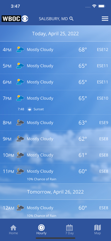 WBOC Weather app hourly forecast display for Salisbury Maryland