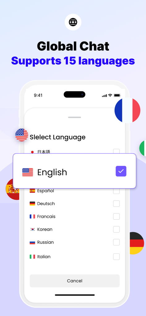 Interface of Felo Translator app showing a list of supported languages for global chat