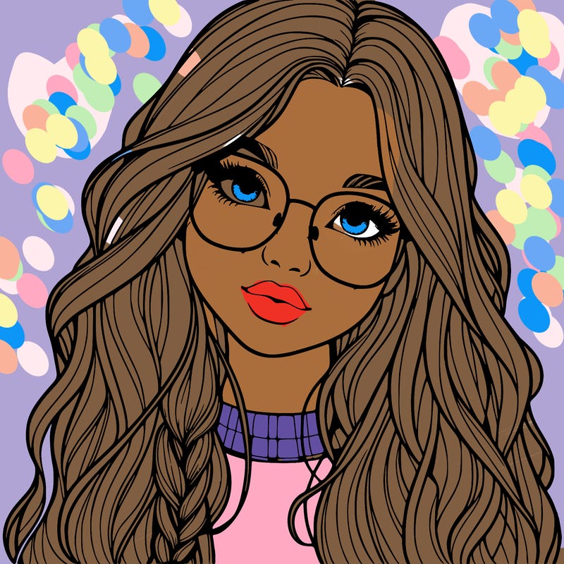 girl with long hair and freckles and glasses realistic