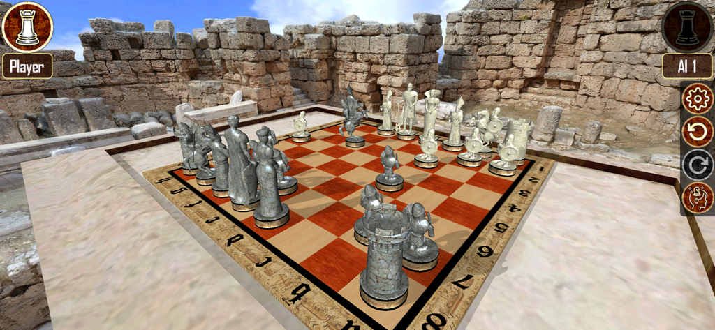 Warrior Chess - Warrior Chess gameplay showing a 3D board with warrior pieces in an Aztec Ruins setting.