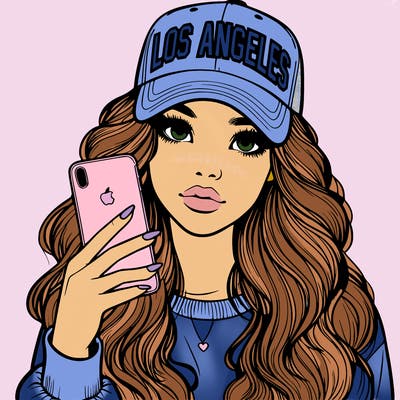 realistic beautiful girl wearing los ángeles cap holding an iphone
