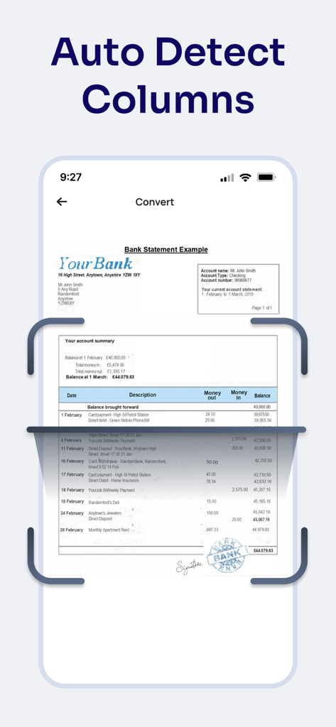 PDF明細をスキャンするために自動列検出機能を使用している銀行明細コンバーターアプリを示すスマートフォンの画面