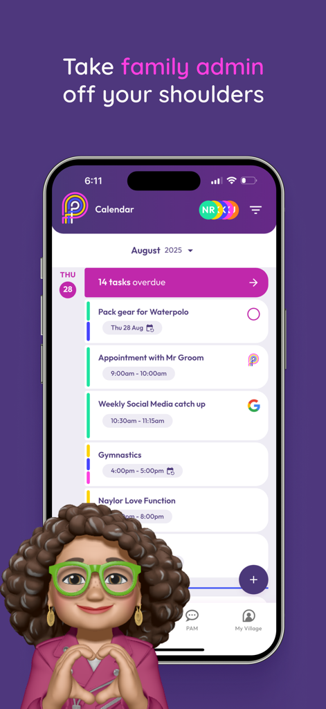PAM: Smart Family Planner - PAM Smart Family Planner app interface showing a shared family calendar and task list