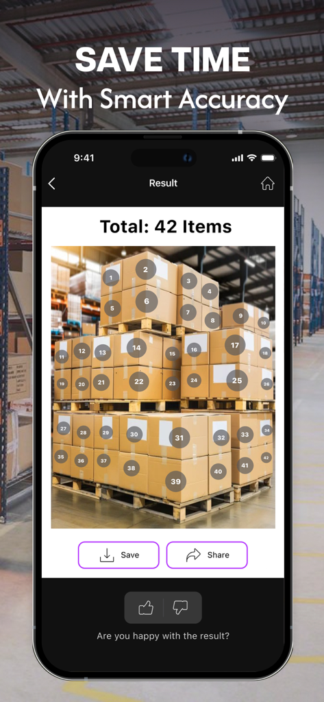 A smartphone screen displaying the Count Things app automatically numbering and counting 42 boxes in a warehouse.