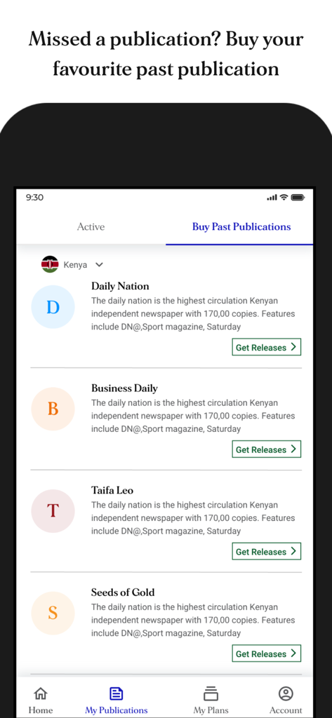 Nation ePaper app screen displaying archive publications from Kenya including Daily Nation and Business Daily.