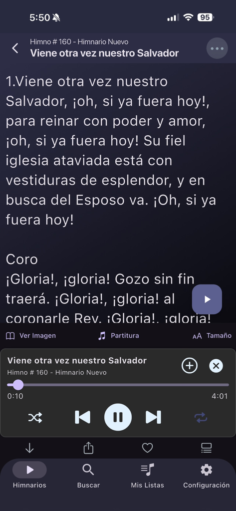 Himnario Adventista Completo - A screenshot of the Himnario Adventista app featuring Spanish hymn lyrics and audio playback controls