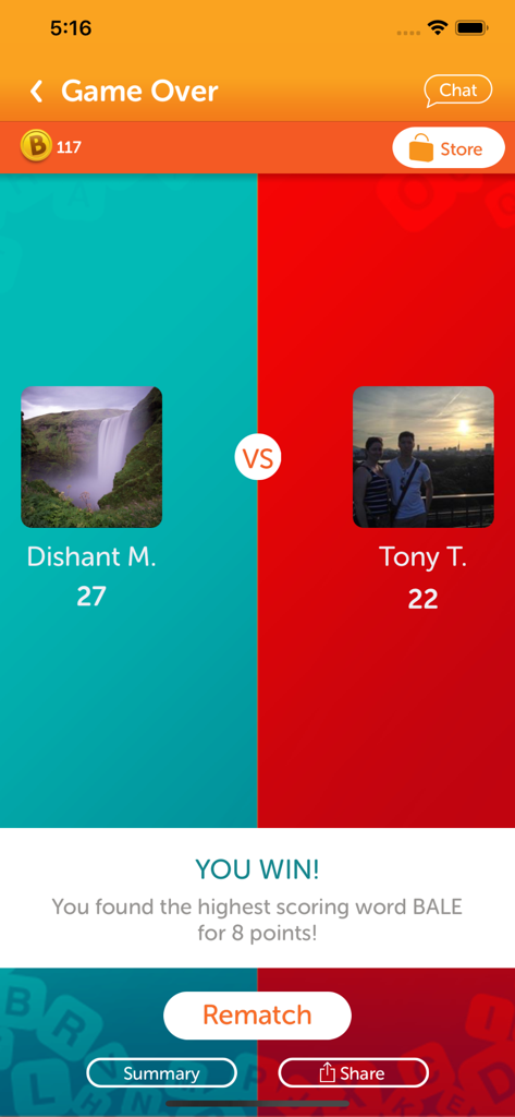 Écran de fin de partie de Boggle With Friends montrant une victoire contre un adversaire avec les scores finaux et le mot le plus élevé trouvé