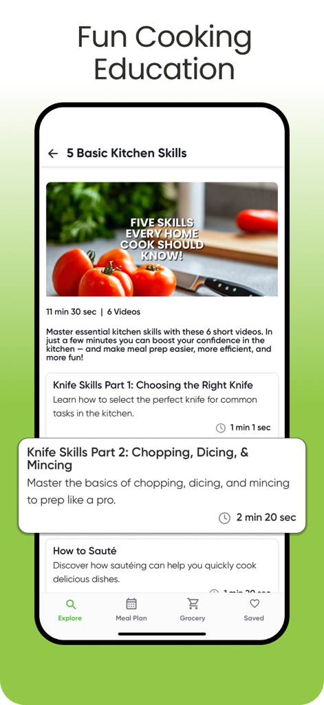 a better meal - Meal Planner - Interface do aplicativo móvel mostrando aulas em vídeo de educação culinária para habilidades básicas de cozinha e faca.
