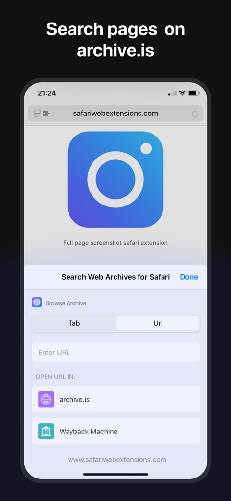 Search Web Archives for Safari - Search Web Archives for Safari extension interface on iPhone showing archive search options for archive.is and Wayback Machine