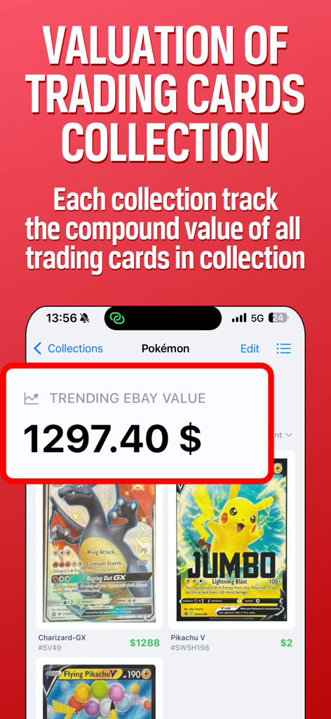 TCG Scanner: AI - TCG Scanner mobile app interface showing trending eBay market value for a Pokemon collection
