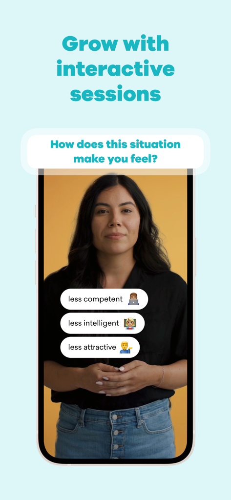 MindDay: Mental Health, Stress - Interfaz de la aplicación MindDay que muestra una sesión de video interactiva con botones de respuesta emocional