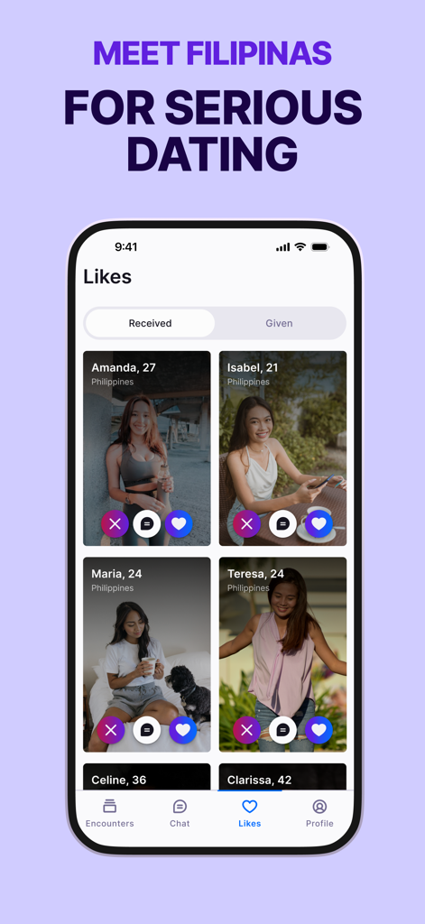 FilipinoBlush app interface showing profiles of Filipino women for serious dating