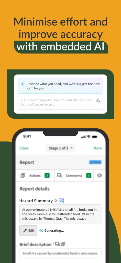 ecoPortal Connect - Interface móvel do ecoPortal Connect mostrando recursos de IA integrados para relatórios automatizados de saúde e segurança