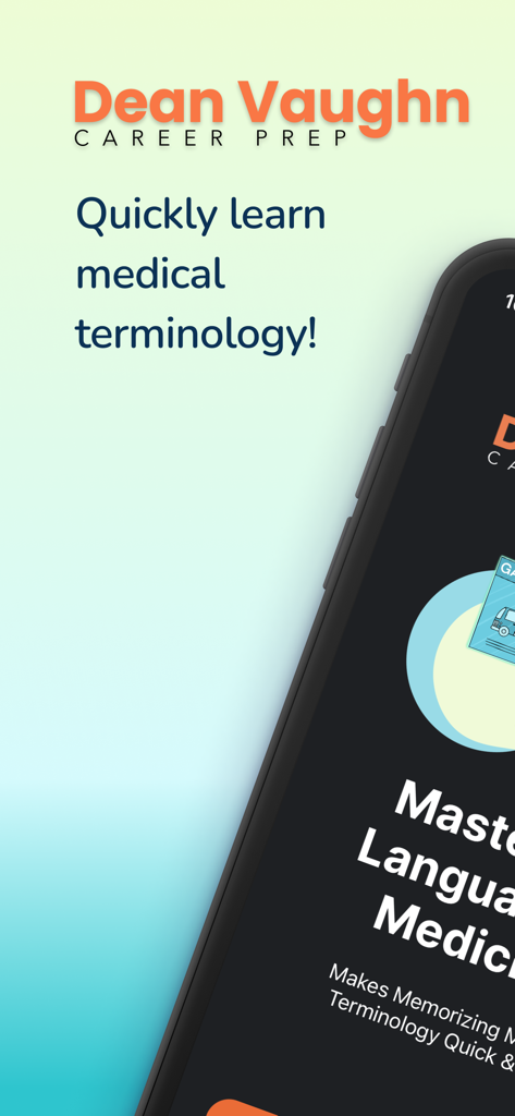 Tela inicial do aplicativo Dean Vaughn Career Prep mostrando um smartphone com o texto Aprenda rapidamente terminologia médica