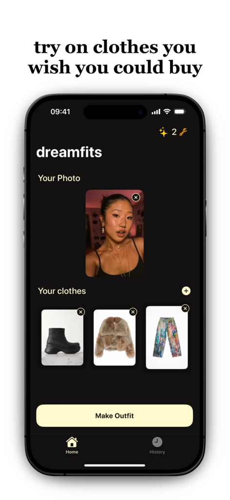 Interface of the dreamfits app featuring a user selfie and selected clothes for virtual try on