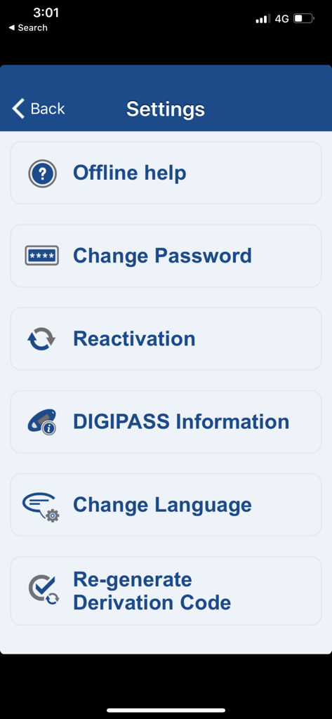 Settings menu of the NBK Mobile Secure Egypt app showing options like Change Password and DIGIPASS Information