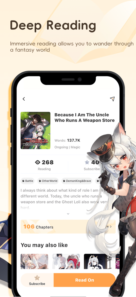 Écran de smartphone montrant l'interface de l'application de light novel LoloBun avec une page de détails d'histoire et une illustration de personnage