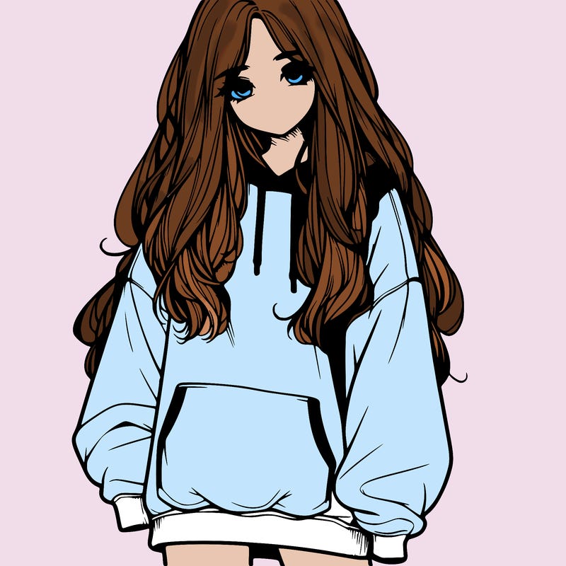 realistic girl with long hair and baggy sweat shirt