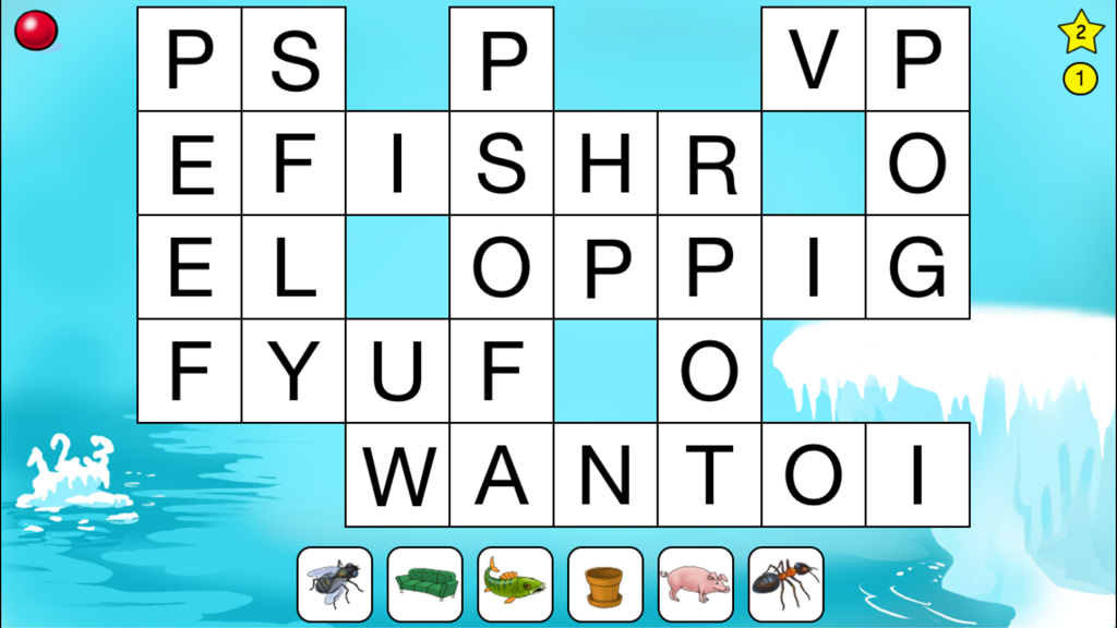Cross Fun - Cross Fun app screenshot showing a children's crossword puzzle with uppercase letter tiles and visual icons for spelling practice