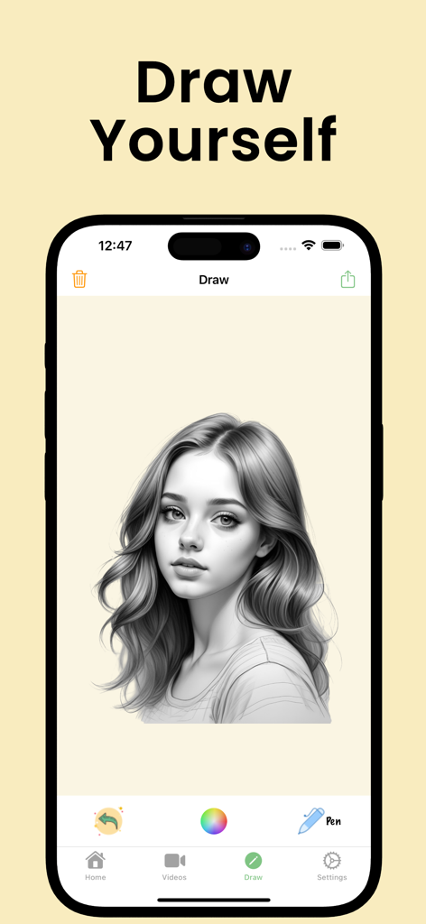 Learn Drawing Offline: Artify - Schermo dello smartphone che mostra un tutorial di disegno di ritratto realistico nell'app Artify