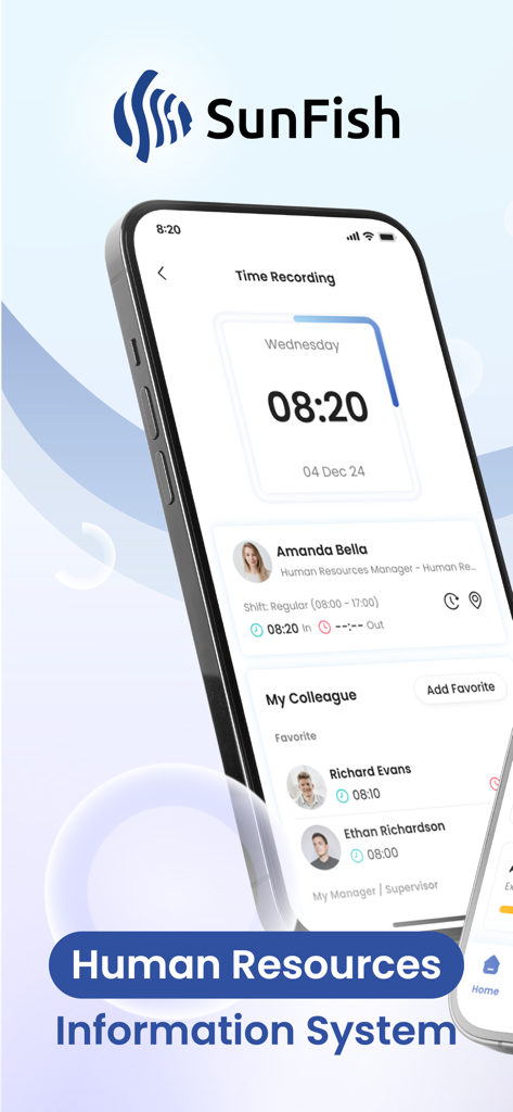 SunFish Mobile - SunFish mobile app interface for employee time recording and HR management.