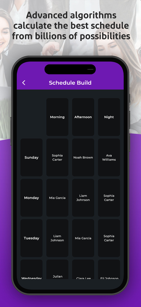 Scheduler: Sling Schedule - A mobile interface showing an automated weekly employee schedule with morning afternoon and night shifts