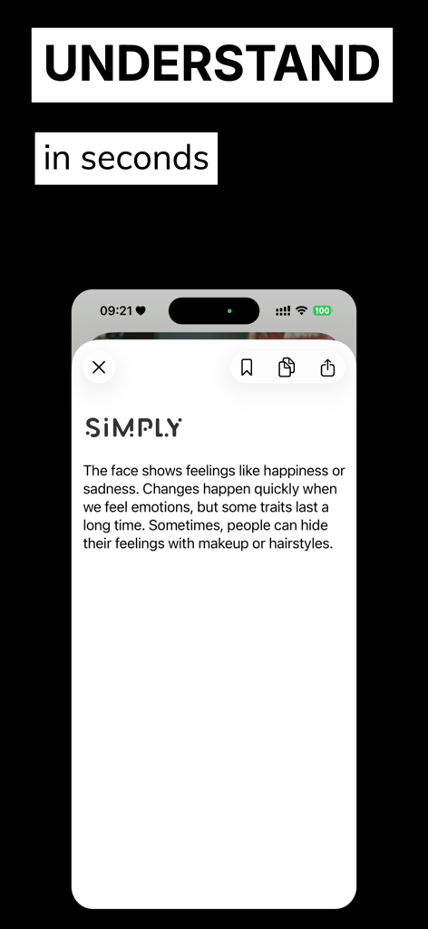 Interface of the Simply app displaying a concise text summary with the heading understand in seconds